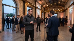 Un agent de sécurité événementielle contrôle l'accès des invités à l'entrée d'une réception professionnelle en soirée à Marseille.