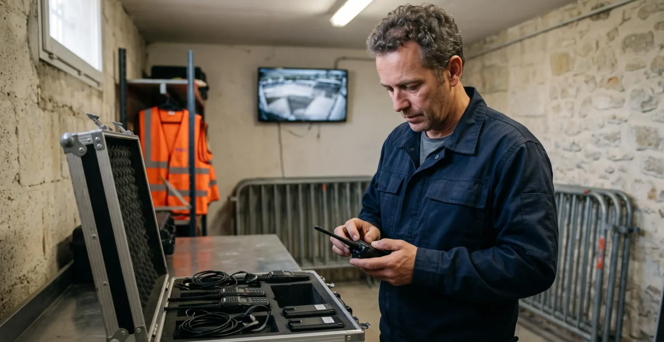Un coordinateur vérifie des radios et des oreillettes préparées sur une table dans une salle logistique avant un événement.