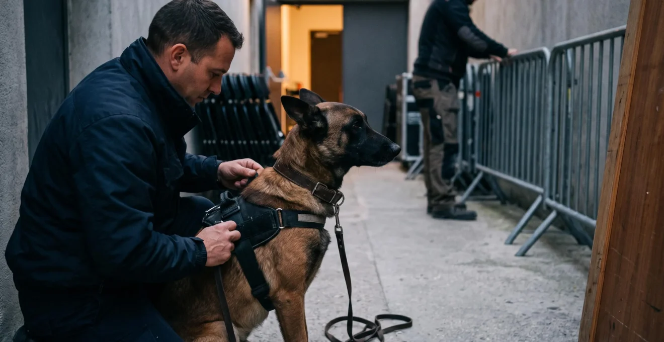 Un maître-chien vérifie le harnais de son chien dans un passage d'un lieu événementiel avant l'arrivée des invités.